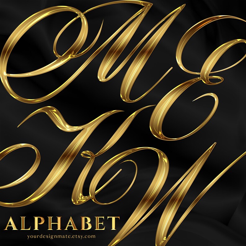 Gold Chrome Alphabet PNG, Gold Foil Script Letters A-Z, Metallic Liquid ...