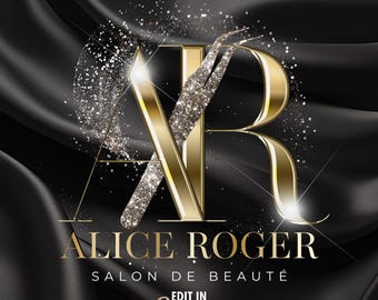 Logotipo luxuoso com glitter dourado, logotipo faça você mesmo no Canva para salão de beleza, identidade visual cromada glamourosa, modelo de logotipo personalizável para negócios de maquiagem e cílios #45