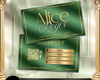 Editable Emerald Green Business Card Template, Canva Customizable Design, Biz Card for Beauty, Salon, Makeup, Lash Tech, Instant Download #8