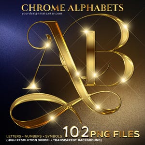 Chroomgouden alfabet-clipart | 3D-metaalletters, png-bestand | Luxe glanzende gouden A-Z-letters en cijfers | Elegante glitterbrievenset | Direct #102