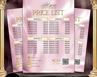 Pink Gold Price List Template | Salon Service Menu | Beauty Price Sheet | Editable Canva Template | Luxury Rate List | Instant Download #3