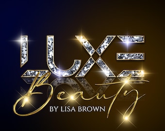May include: A logo design with the words "LUXE Beauty" in gold script and silver glitter letters. The text "BY LISA BROWN" and "MAIN LOGO yourdesignmate.etsy.com" are also included in the design, set against a dark blue and brown gradient background.