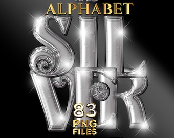 Silver Foil Alphabet Clip Art, 3D Glitter Chrome Letters, Silver Foil Letters, Balloon Font PNG, Glam Sparkle Letters, Digital Download #84