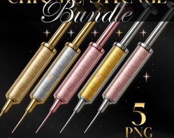 Pacote de imagens de seringas cromadas, 5 arquivos PNG de seringas, imagens para aplicação de injetáveis estéticos, seringas metálicas de luxo, gráficos para aplicação de Botox e preenchimento em clínicas de estética.