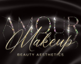 May include: A logo for a beauty business called "Amour Makeup" with the word "Amour" in sparkly gold letters and the word "Makeup" in gold script. The text "Beauty Aesthetics" is below the logo.