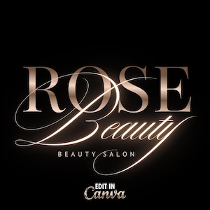 Puede incluir: Logotipo de Rose Beauty en color oro rosa sobre fondo negro. Las palabras "Rose Beauty" están en una fuente cursiva, con "Beauty Salon" debajo en una fuente más pequeña. El texto "Edit in Canva" está en la parte inferior.