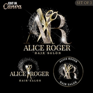 Puede incluir: Un conjunto de tres logotipos para una peluquería, con tijeras doradas, un peine y las iniciales "AR". El nombre del salón "ALICE ROGER HAIR SALON" se muestra en elegantes letras doradas sobre un fondo negro. El texto "EDIT IN Canva" está en la esquina superior izquierda.