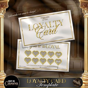 Könnte beinhalten: Eine goldene Kundenkartenvorlage mit weißem Hintergrund und goldenem Rand. Die Karte trägt den Titel "Loyalty Card" und einen Bereich, in dem Kunden Stempel sammeln können. Der Text auf der Karte lautet "You're so Loyal" und "Sammeln Sie bei jedem Besuch einen Stempel, 5 € Rabatt auf den 5. Besuch und 10 € Rabatt auf den 10. Besuch".