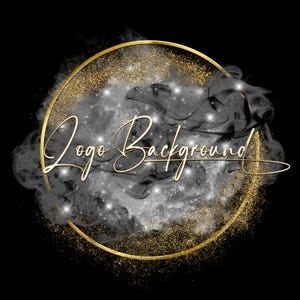 Puede incluir: Un fondo negro con un marco circular dorado y detalles de purpurina dorada. El centro presenta un diseño ahumado en escala de grises con las palabras "Logo Background" en una elegante escritura dorada.