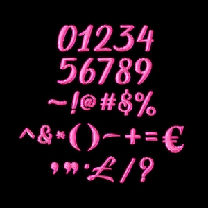 K&ouml;nnte beinhalten: Gl&auml;nzende, pinkfarbene Zahlen und Symbole vor schwarzem Hintergrund. Das Bild zeigt die Zahlen 0 bis 9 sowie verschiedene Symbole wie Tilde, Ausrufezeichen, At-Zeichen, Raute, Dollarzeichen, Prozentzeichen, Zirkumflex, kaufm&auml;nnisches Und, Sternchen, Klammern, Minuszeichen, Pluszeichen, Gleichheitszeichen, Eurozeichen, Anf&uuml;hrungszeichen, Komma, Punkt, Pfundzeichen, Schr&auml;gstrich und Fragezeichen.