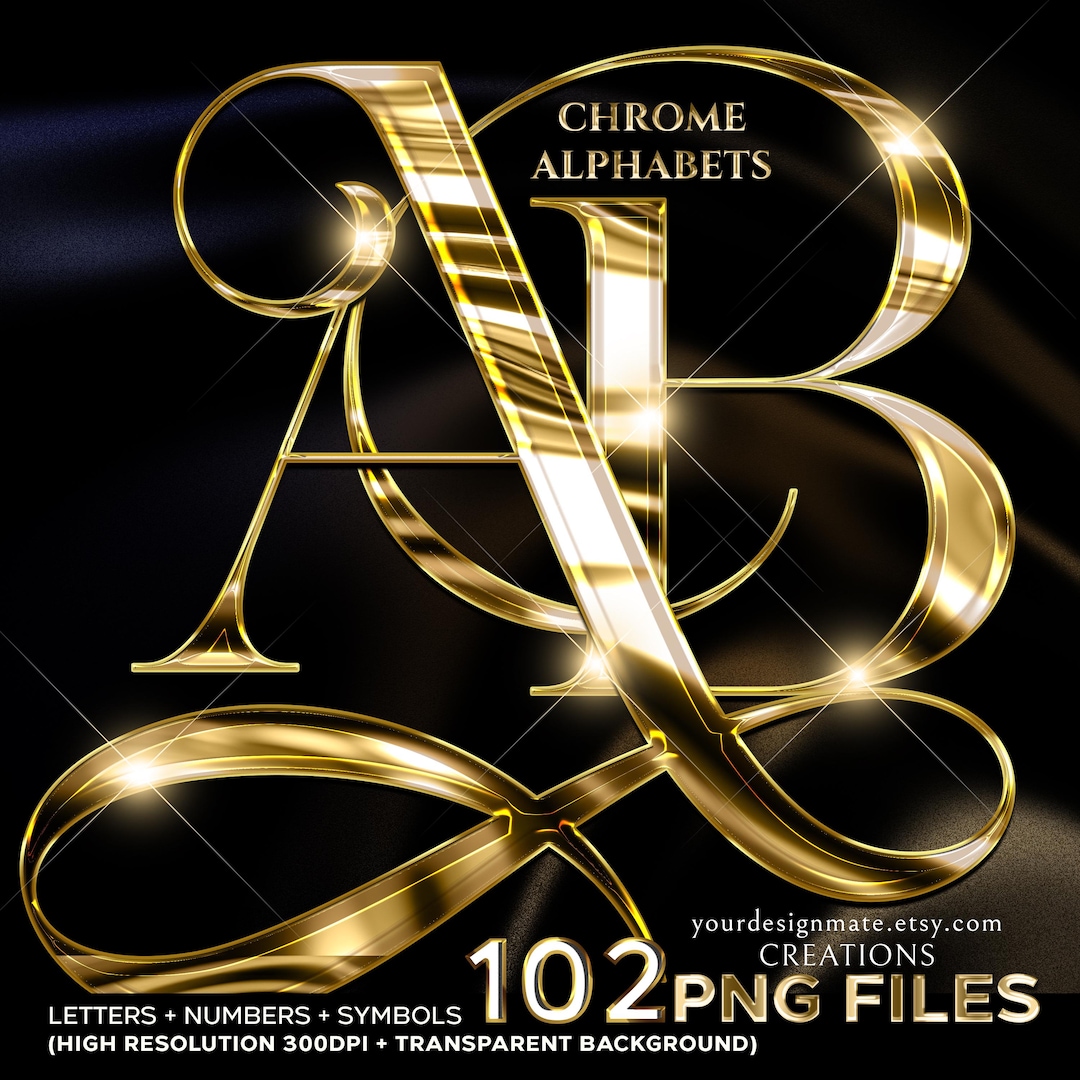 Gold Chrome Alphabet Set PNG, Metallic Letters A-Z, Instant Digital ...
