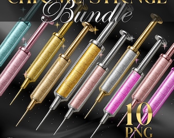 Pacote de imagens de seringas cromadas, 10 arquivos PNG de seringas, imagens para aplicação de injetáveis estéticos, seringas metálicas de luxo, gráficos para aplicação de Botox e preenchimento em clínicas de estética.
