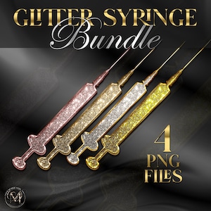 Glitter Syringe Clipart Bundle | Aesthetic Syringe PNG Set | 4 Glitter Syringes for Beauty Logo, Med Spa Branding, Nurse Sticker Transparent