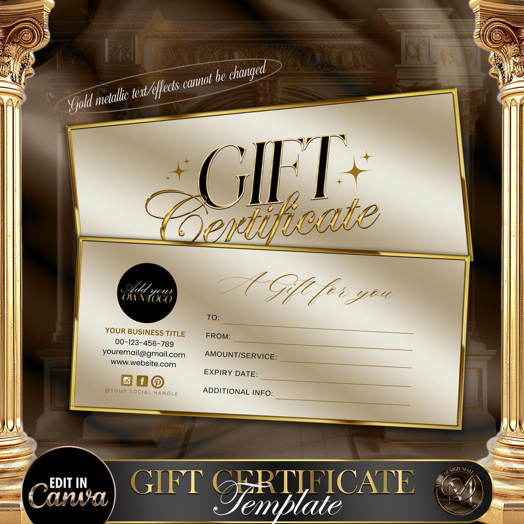 Luxury Gift Certificate Template, Editable Gold Gift Card for Business ...