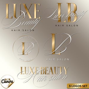 May include: A collection of five gold and white logos for a hair salon. The logos feature the words "LUXE BEAUTY" and "LB" in elegant script, with the words "HAIR SALON" below. The background is a gradient of brown and beige.
