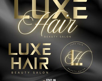 May include: Set of three gold logo designs for a hair salon called "Luxe Hair". The first logo features the text "Luxe Hair" in a bold, sans-serif font with a cursive "Hair" underneath. The second logo features the text "Luxe Hair" in a bold, sans-serif font. The third logo features a circle with the text "Luxe Hair" in a cursive font and the letter "L" and "H" intertwined.