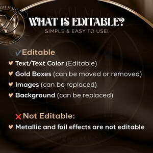 Puede incluir: Un gr&aacute;fico negro y dorado con el texto "WHAT IS EDITABLE? SIMPLE & EASY TO USE!"  Los elementos editables incluyen texto, color de texto, cajas doradas, im&aacute;genes y fondo.  Los elementos no editables incluyen efectos met&aacute;licos y de l&aacute;mina.