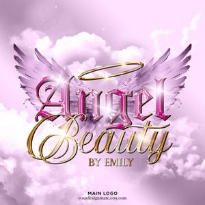 Pink Gold Angel Wings Logo with Halo – Luxury Feminine Premade Logo Design for Lash Tech, Hair Stylist, or Beauty Business Branding #348