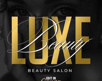 May include: A black and gold logo for a beauty salon called "Luxe Beauty Salon". The logo is set against a black background with a woman's face in the background. The text "Edit in Canva" is at the bottom of the image.