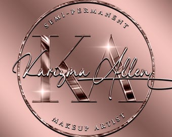 May include: Rose gold logo design for a makeup artist named Karizma Allen. The logo features the letters "KA" in a metallic rose gold font, surrounded by a circle with the text "Semi-Permanent Makeup Artist".