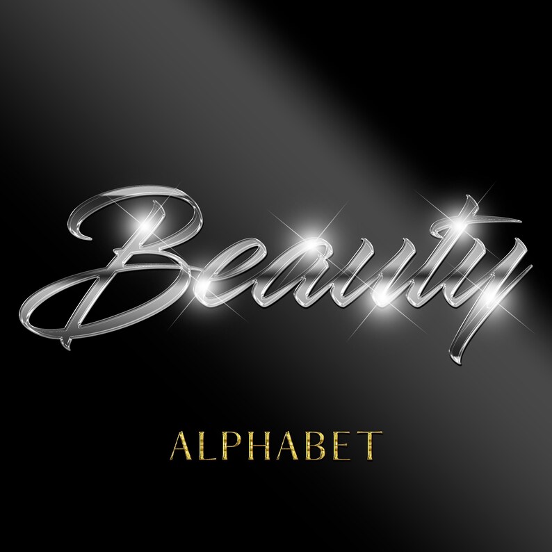 May include: Silver metallic font spelling "Beauty" with a sparkling effect. The word "Alphabet" is written in gold below the word "Beauty".