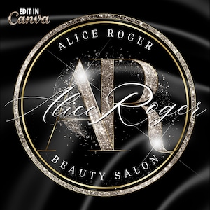 Op de afbeelding: Cirkelvormig logo met gouden glitteraccenten en de tekst "Alice Roger Beauty Salon". Het logo bevat de letters "AR" in een glinsterend gouden lettertype, met de naam "Alice Roger" erboven en "Beauty Salon" eronder.