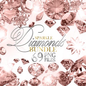 K&ouml;nnte beinhalten: Eine Ansammlung funkelnder, rosafarbener Diamanten in verschiedenen Formen und Gr&ouml;&szlig;en, darunter Herzen und facettierte Edelsteine. Der Text lautet "Diamonds Sparkle Bundle 69 PNG Files."