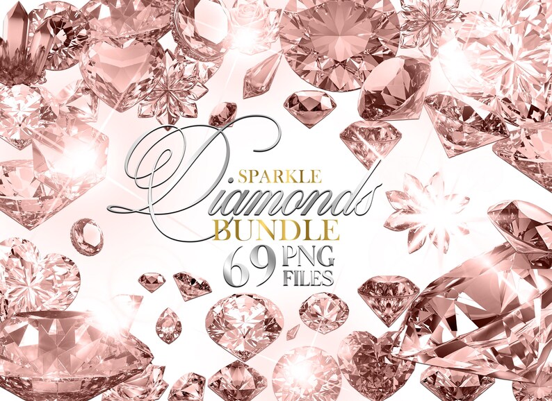 K&ouml;nnte beinhalten: Eine Ansammlung funkelnder, rosafarbener Diamanten in verschiedenen Formen und Gr&ouml;&szlig;en, darunter Herzen und facettierte Edelsteine. Der Text lautet "Diamonds Sparkle Bundle 69 PNG Files."