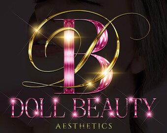 May include: A logo for a beauty business called "Doll Beauty Aesthetics". The logo features a stylized letter "B" in pink and gold with a sparkling effect. The text "Doll Beauty Aesthetics" is in pink with a sparkling effect.