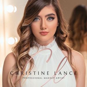 May include: A woman with long, wavy brown hair and a white turtleneck shirt. The text "CHRISTINE LANCE PROFESSIONAL MAKEUP ARTIST" is written in pink cursive lettering below her. The text "ETSY/YOURDESIGNMATE" is written in black lettering below the cursive text.