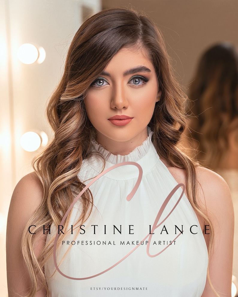 May include: A woman with long, wavy brown hair and a white turtleneck shirt. The text "CHRISTINE LANCE PROFESSIONAL MAKEUP ARTIST" is written in pink cursive lettering below her. The text "ETSY/YOURDESIGNMATE" is written in black lettering below the cursive text.