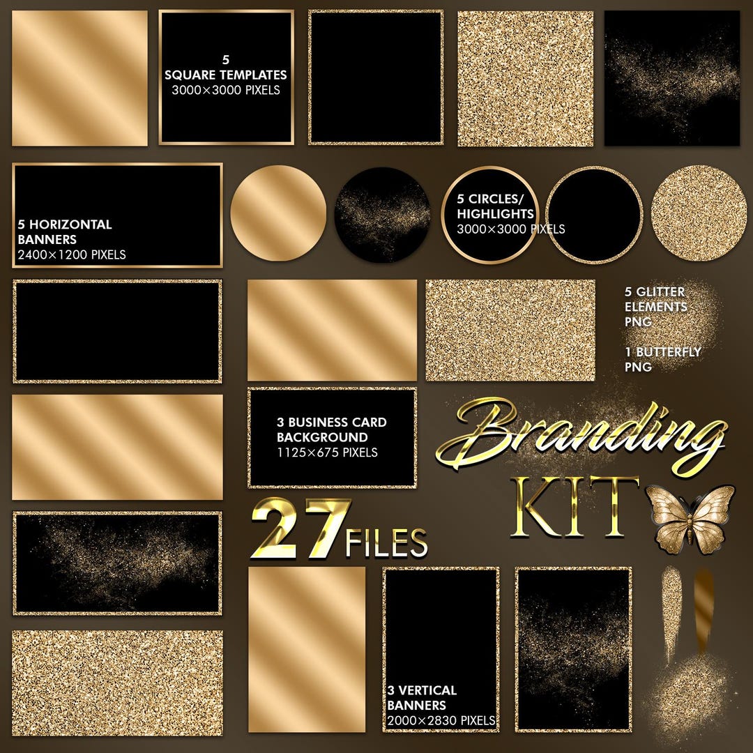 Black Gold Branding Kit Bundle, Luxury Gold Backgrounds & Frames PNG ...