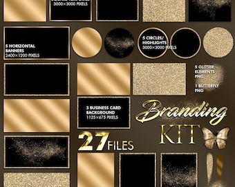 Black Gold Branding Kit Bundle, Luxury Gold Backgrounds & Frames PNG, Sparkle Brush Strokes, Logo, Invitation Clipart, Gold Circles PNG #245