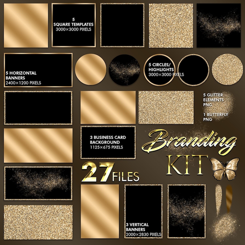 Black Gold Branding Kit Bundle, Luxury Gold Backgrounds & Frames PNG ...