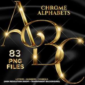 Alfabeto Cromado Dourado Luxuoso, Letras Metálicas Glamourosas PNG, Alfabetos Dourados Brilhantes de A a Z, Download Instantâneo, Conjunto de Letras Elegantes #110
