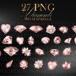 K&ouml;nnte beinhalten: Eine Sammlung von 27 PNG-Diamanten-Grafiken mit Glitzer, in verschiedenen Formen und Schliffen, darunter rund, herzf&ouml;rmig und tropfenf&ouml;rmig. Die Diamanten sind zartrosa und vor einem dunklen Hintergrund platziert. Der Text "27 PNG Diamonds with Sparkle" ist in Gold.