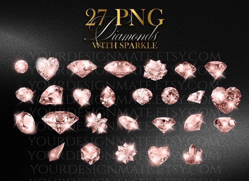 K&ouml;nnte beinhalten: Eine Sammlung von 27 PNG-Diamanten-Grafiken mit Glitzer, in verschiedenen Formen und Schliffen, darunter rund, herzf&ouml;rmig und tropfenf&ouml;rmig. Die Diamanten sind zartrosa und vor einem dunklen Hintergrund platziert. Der Text "27 PNG Diamonds with Sparkle" ist in Gold.