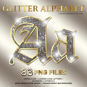 Alfabeto gotico glitterato argento PNG / Lettere inglesi antiche scintillanti Clipart, lettere monogramma medievali Cricut, artigianato digitale a sublimazione #121