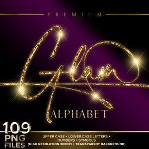 Pode incluir: Uma fonte de alfabeto de glitter dourado com um efeito brilhante. A fonte chama-se "Glam" e inclui letras maiúsculas e minúsculas, números e símbolos. A fonte é de alta resolução e tem um fundo transparente.