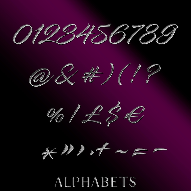 May include: A silver font set with numbers, symbols, and punctuation marks. The font is a cursive style with a 3D effect. The background is a dark purple gradient.