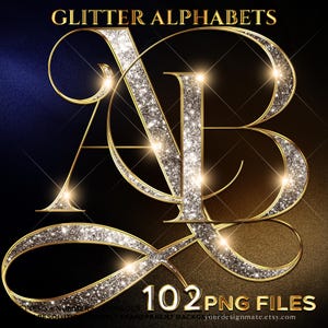 May include: Gold glitter alphabet letters A, B, and V with sparkling silver glitter fill. The letters are outlined in gold and set against a dark background. Text at the top reads "GLITTER ALPHABETS" and at the bottom "102 PNG FILES".