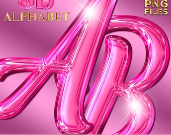Può includere: Un design di alfabeto 3D rosa lucido con le lettere "AB" in evidenza. L'immagine include il testo "3D ALPHABET" e "83 PNG FILES". Il testo aggiuntivo indica che il set include lettere maiuscole e minuscole, numeri e simboli.