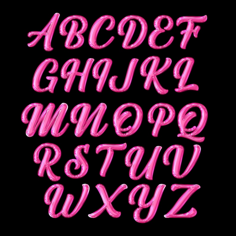 K&ouml;nnte beinhalten: Das komplette Alphabet in Schreibschrift, dargestellt in einem leuchtenden Pink. Die Buchstaben A bis Z werden vor einem einfarbigen schwarzen Hintergrund angezeigt, was einen starken Kontrast erzeugt. Die Buchstaben haben ein gl&auml;nzendes, dreidimensionales Aussehen.