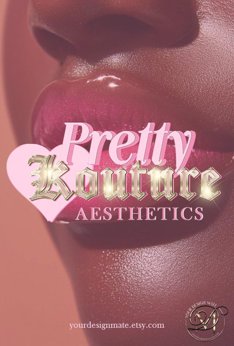 Pode incluir: Design gr&aacute;fico rosa e dourado com o texto "Pretty Couture Aesthetics" e um cora&ccedil;&atilde;o rosa. O design est&aacute; sobre um close-up de l&aacute;bios com brilho rosa.