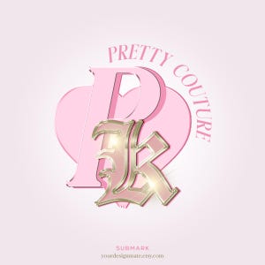 Pode incluir: Um cora&ccedil;&atilde;o rosa com uma letra "P" em 3D dourada dentro. O texto "PRETTY COUTURE" est&aacute; escrito em torno do cora&ccedil;&atilde;o em um c&iacute;rculo. O texto "SUBMARK" est&aacute; escrito abaixo do cora&ccedil;&atilde;o.