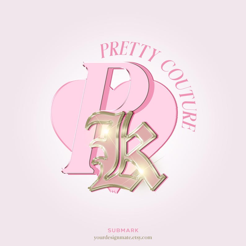 Pode incluir: Um cora&ccedil;&atilde;o rosa com uma letra "P" em 3D dourada dentro. O texto "PRETTY COUTURE" est&aacute; escrito em torno do cora&ccedil;&atilde;o em um c&iacute;rculo. O texto "SUBMARK" est&aacute; escrito abaixo do cora&ccedil;&atilde;o.