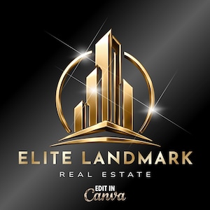 May include: A gold metallic logo featuring stylized skyscrapers enclosed within a circular frame against a black background. The text reads ELITE LANDMARK REAL ESTATE and EDIT IN Canva. The design includes bright starburst light effects.