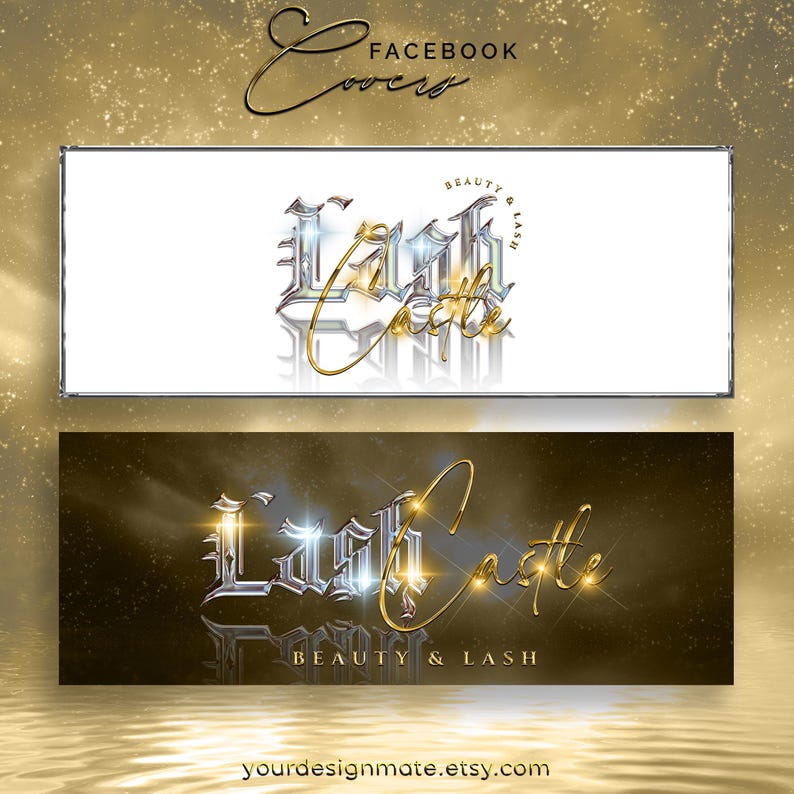 May include: Facebook cover image with a gold and silver logo that says "Lash Castle Beauty & Lash" on a white background and a gold background with a reflection of the logo in water.