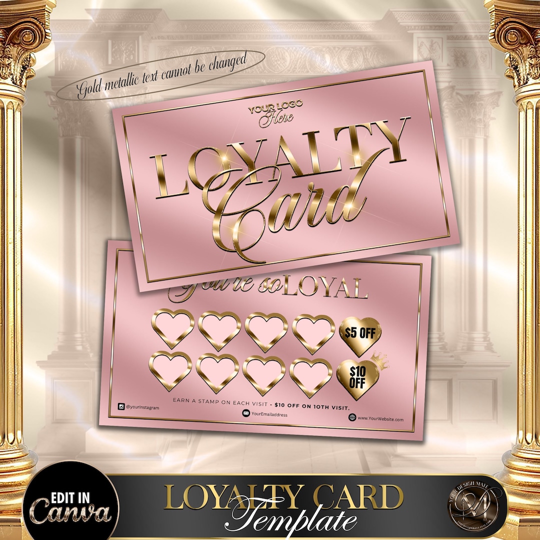 Pink Gold Loyalty Card Template for Canva, Editable Beauty Stamp Card ...
