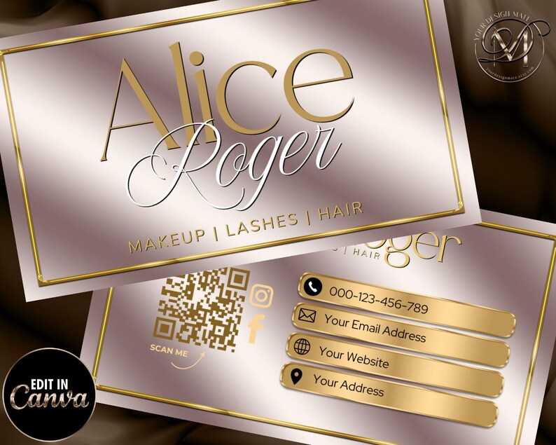 May include: A gold and white business card with the text "Alice Roger" and the words "MAKEUP | LASHES | HAIR". The card also includes a QR code, a phone number, an email address, a website address, and a physical address.
